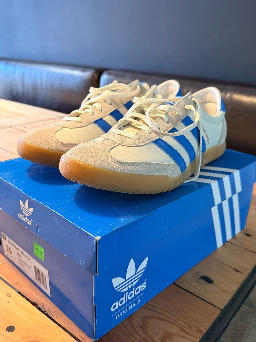 adidas Beige Suede Sneakers with Blue Stripes